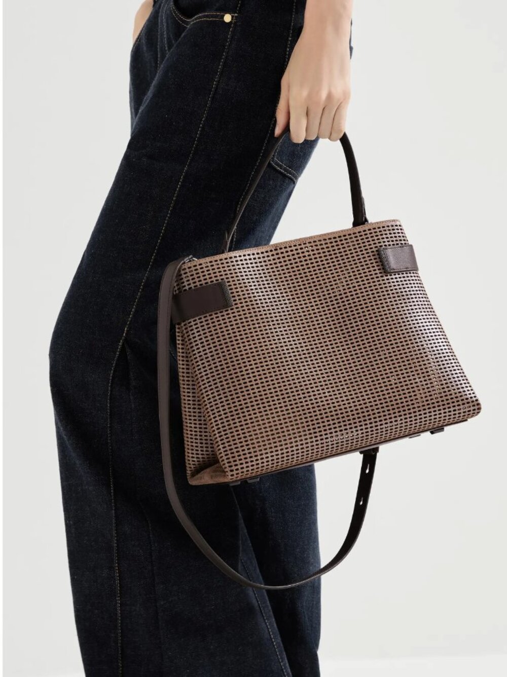 Brunello Cucinelli Essence Bag Brown Metallic Top Handle Monili Crossbody New